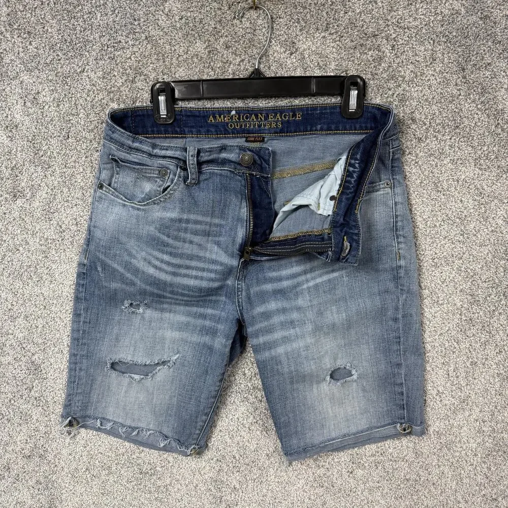 American Eagle Outfitters Bermuda Shorts 31x9 Blue Core Flex Distressed Grunge
